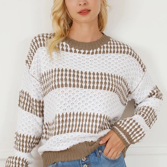 B108 Multicolor Vertical Stripes Two Tones Drop Shoulder Sweater - Picture 2 of 3